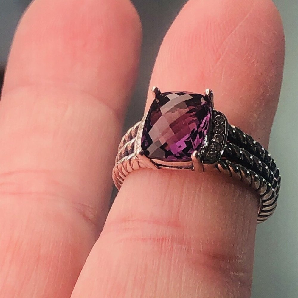 David Yurman Silver Wheaton Petite 10x8mm Amethyst & Diamond Ring Sz 7.75